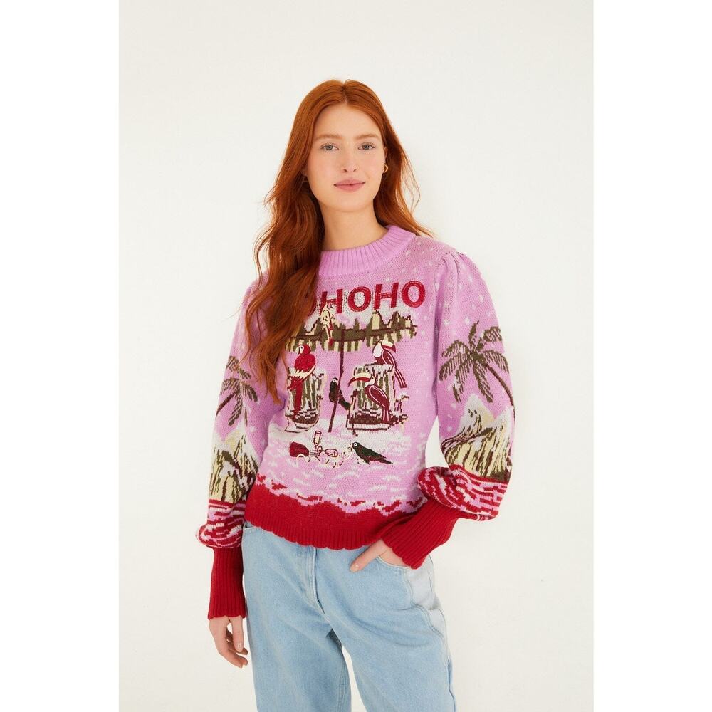 Farm Rio Macaw From Rio Knit Sweater Small Pink Parrot Holiday Wool Blend NWT - Picture 10 of 10